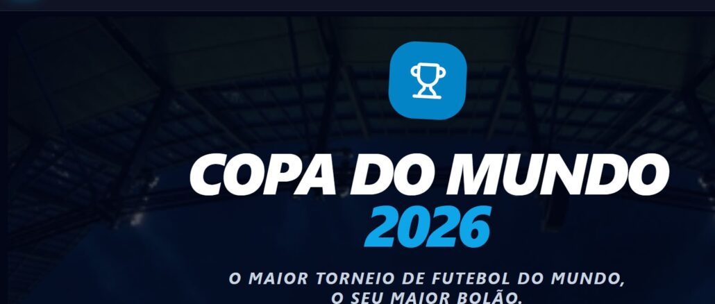 Banner promocional do Bolão NET4YOU com tema da Copa do Mundo 2026, apresentando um ícone de troféu centralizado sobre um fundo azul escuro que remete a uma estrutura de estádio de futebol.