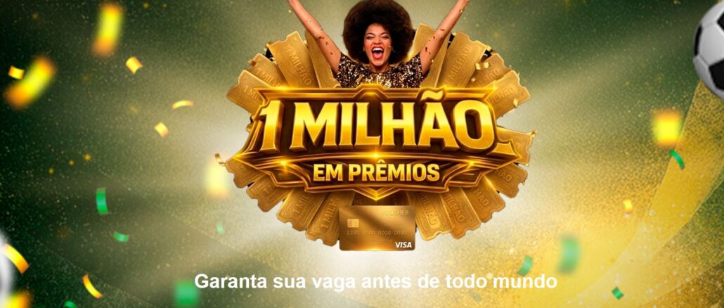 Mulher negra celebrando com braços erguidos atrás do letreiro 1 Milhão em Prêmios em um cenário festivo verde e dourado com confetes.