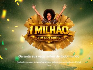 Mulher negra celebrando com braços erguidos atrás do letreiro 1 Milhão em Prêmios em um cenário festivo verde e dourado com confetes.