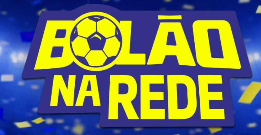 Logotipo do Bolão na Rede com letras amarelas sobre um fundo azul com efeitos de luzes e confetes.