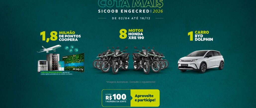 Banner promocional da campanha Cota Mais Sicoob Engecredi 2026. A imagem sobre fundo verde exibe prêmios como 1,8 milhão de pontos Coopera acompanhados de eletrodomésticos, oito motos Honda XRE 190 e um carro elétrico BYD Dolphin branco. No rodapé, um destaque amarelo informa que a cada R$100 o participante ganha um número da sorte.