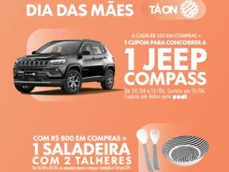 Banner promocional de Dia das Mães com fundo laranja. Apresenta o sorteio de um Jeep Compass preto e a oferta de um brinde de saladeira com talheres para compras acima de R$800.