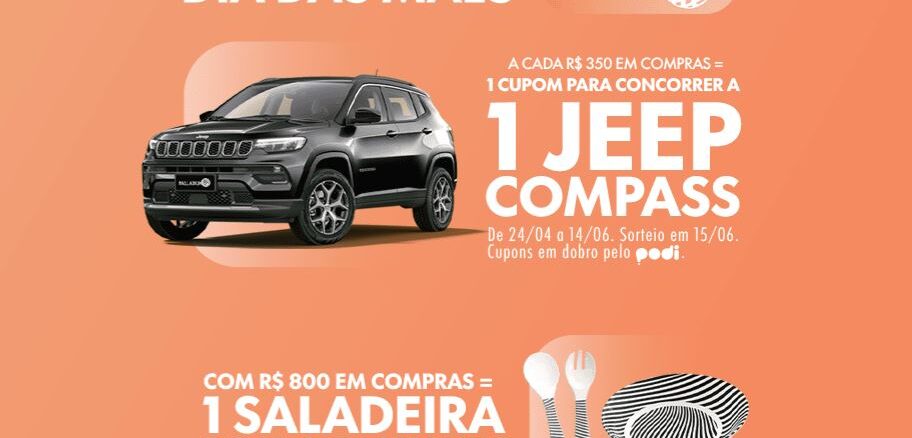 Banner promocional de Dia das Mães com fundo laranja. Apresenta o sorteio de um Jeep Compass preto e a oferta de um brinde de saladeira com talheres para compras acima de R$800.