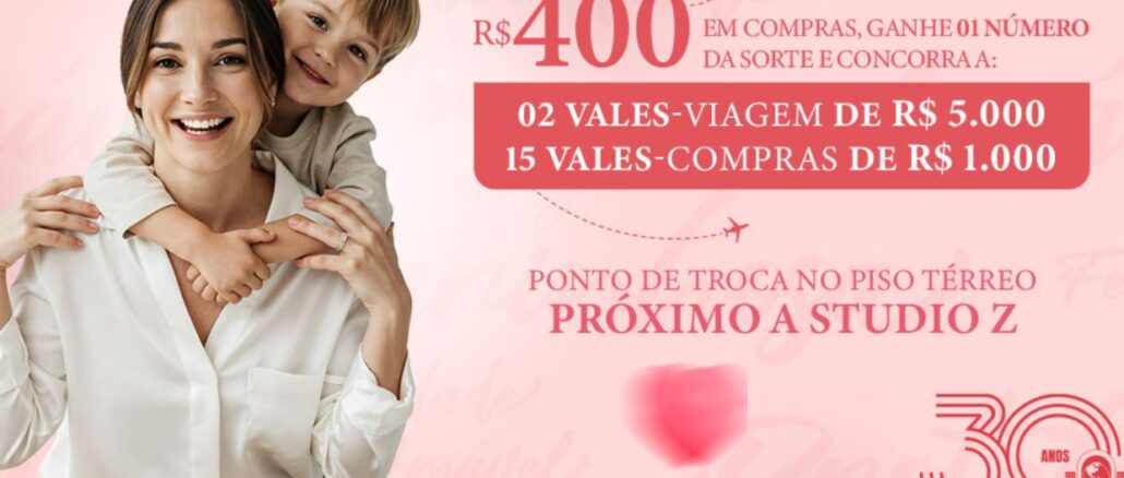 Mulher e criança sorriem em um fundo rosa claro decorado com pequenos aviões e linhas pontilhadas. O texto informa que a cada R$400 em compras o consumidor ganha um número da sorte para concorrer a dois vales-viagem de R$5.000 e quinze vales-compras de R$1.000 no Shopping 3 Américas.