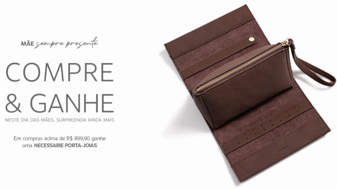 Anúncio de Dia das Mães com fundo branco apresentando uma necessaire porta-joias em camurça marrom aberta à direita. Do lado esquerdo, textos informam sobre a promoção compre e ganhe para compras acima de R$899,90.