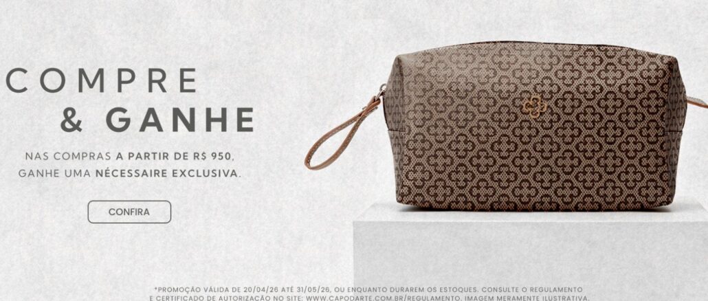 Banner publicitário da Capodarte exibindo uma nécessaire de luxo sobre um pedestal. O texto informa que compras a partir de R$950 garantem o brinde exclusivo da marca.