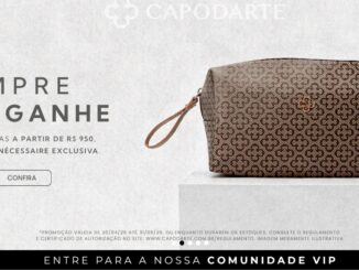 Banner publicitário da Capodarte exibindo uma nécessaire de luxo sobre um pedestal. O texto informa que compras a partir de R$950 garantem o brinde exclusivo da marca.