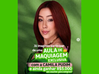 Imagem promocional com Camila Pudim em fundo verde anunciando aula de maquiagem e prêmio de R$5.000 em voucher.