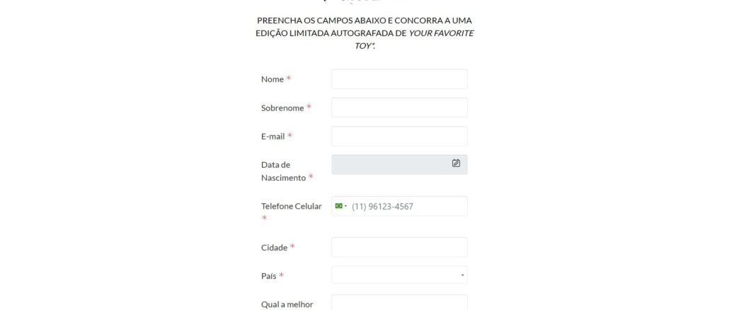 Um formulário de inscrição online para um concurso da banda Foo Fighters. O prêmio é uma edição limitada autografada de 'Your Favorite Toy'. O formulário solicita dados pessoais como nome, e-mail e telefone.