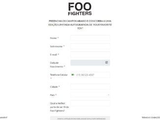 Um formulário de inscrição online para um concurso da banda Foo Fighters. O prêmio é uma edição limitada autografada de 'Your Favorite Toy'. O formulário solicita dados pessoais como nome, e-mail e telefone.