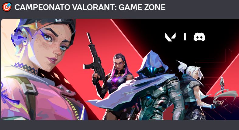 Banner promocional do Campeonato Valorant: Game Zone apresentando os personagens Clove, Reyna, Omen e Jett sobre um fundo estilizado em cores vermelho e preto.