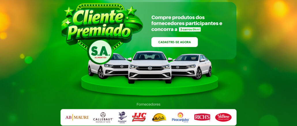 Cliente Premiado SA Alimentos Banner promocional da campanha Cliente Premiado da S.A. Alimentos destacando três carros brancos sobre um pódio verde e logotipos de marcas parceiras.