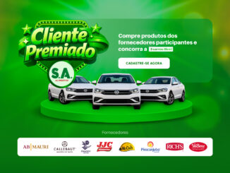 Banner promocional da campanha Cliente Premiado da S.A. Alimentos destacando três carros brancos sobre um pódio verde e logotipos de marcas parceiras.