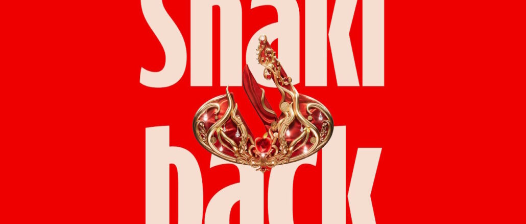 Logotipo do Santander estilizado como uma joia de ouro com rubis e pérolas, centralizado entre as palavras Shaki e back em letras grandes sobre um fundo vermelho.