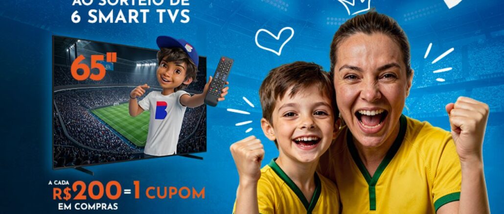 Propaganda de sorteio de seis Smart TVs de 65 polegadas. Uma mulher e um menino celebram com entusiasmo usando camisas amarelas. O mascote CB aparece saindo de uma televisão que exibe um jogo de futebol enquanto segura um controle remoto.