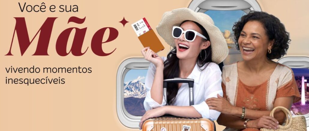 DIA DAS MÃES ROYAL FACE 2026 Anúncio publicitário com uma filha e sua mãe felizes e prontas para viajar. A filha segura um passaporte e está encostada em uma mala com logos de estética. Ao fundo, três janelas de avião mostram montanhas, mar e uma cidade.