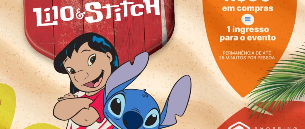 Pôster promocional do evento Disney Lilo e Stitch no Shopping Recife. A imagem mostra Lilo e Stitch sorridentes em um fundo com textura de areia e folhas de palmeira. No canto superior direito, um informativo indica que a cada R$50 em compras o cliente ganha um ingresso. O logotipo do Shopping Recife aparece no canto inferior direito.