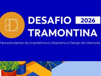 Banner do Desafio Tramontina 2026 voltado para estudantes de Arquitetura, Urbanismo e Design de Interiores, com fundo azul e detalhes geométricos coloridos.