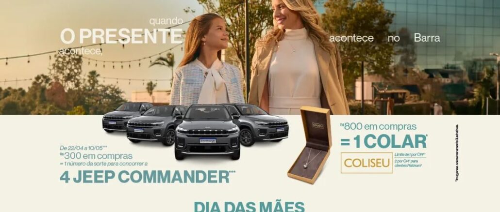 Anúncio publicitário do Dia das Mães do BarraShoppingSul com uma mãe e filha sorrindo, quatro carros Jeep Commander cinzas e um colar em uma caixa de presente.