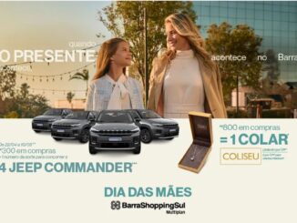 Anúncio publicitário do Dia das Mães do BarraShoppingSul com uma mãe e filha sorrindo, quatro carros Jeep Commander cinzas e um colar em uma caixa de presente.