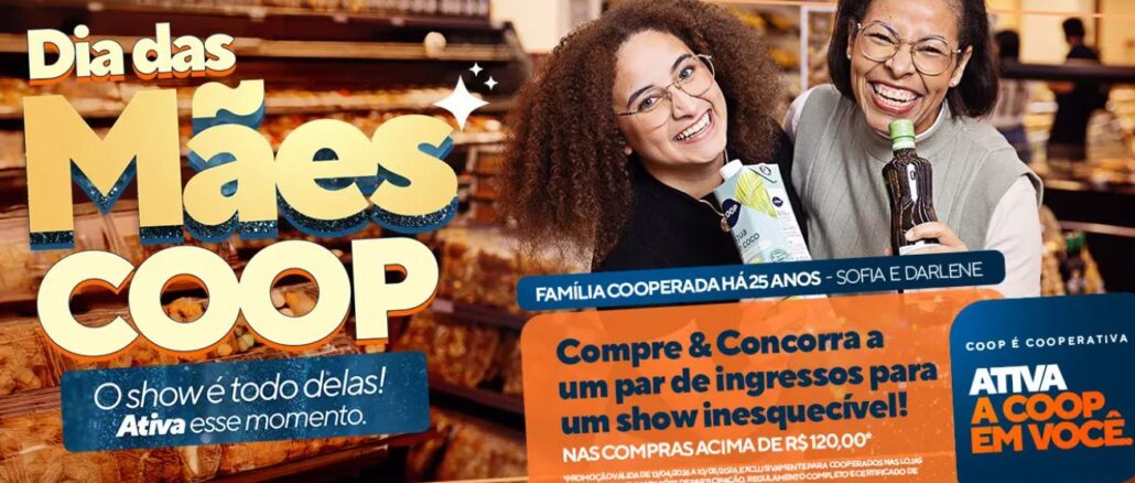 Banner promocional do Dia das Mães Coop mostrando duas mulheres sorridentes em um supermercado. Elas seguram produtos e o texto destaca uma promoção para concorrer a ingressos de show em compras acima de R$120,00.