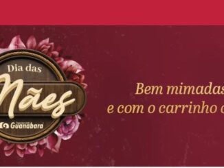 Banner promocional de Dia das Mães do Supermercado Guanabara com fundo bordô, flores e a frase Bem mimadas e com o carrinho cheio.