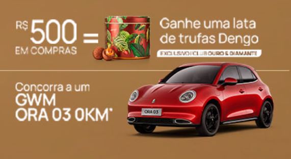 Dia das Mães Iguatemi Shopping Fortaleza 2026 Banner publicitário com fundo em tom de bronze. Apresenta uma lata de trufas Dengo decorada com ilustrações de cacau e um carro elétrico GWM ORA 03 na cor vermelha. O texto anuncia que compras de R$500 dão direito ao brinde para clientes Club Ouro e Diamante, além da chance de concorrer ao veículo zero quilômetro.