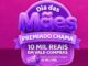 Anúncio da promoção Dia das Mães Premiado Chama com fundo roxo e rosa. O texto destaca a premiação total de 10 mil reais em vales-compra, mencionando a oportunidade de ganhar um dos 5 prêmios individuais de R$2.000.