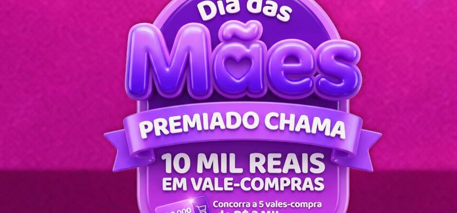 Anúncio da promoção Dia das Mães Premiado Chama com fundo roxo e rosa. O texto destaca a premiação total de 10 mil reais em vales-compra, mencionando a oportunidade de ganhar um dos 5 prêmios individuais de R$2.000.