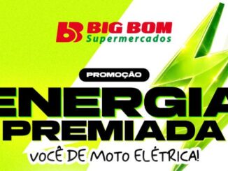 Banner promocional do Big Bom Supermercados para a campanha Energia Premiada, destacando o sorteio de uma moto elétrica sobre um fundo verde vibrante com a ilustração de um raio.