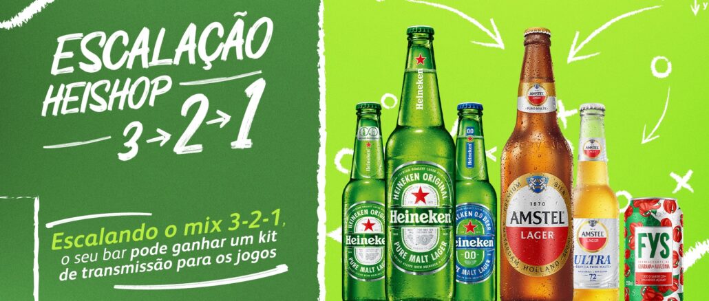 ESCALAÇÃO HEISHOP 3-2-1 Anúncio da promoção Escalação Heishop 3-2-1 apresentando garrafas de cerveja Heineken, Heineken 0.0, Amstel Lager, Amstel Ultra e uma lata de refrigerante FYS sobre um fundo verde com elementos gráficos de futebol.