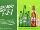 Anúncio da promoção Escalação Heishop 3-2-1 apresentando garrafas de cerveja Heineken, Heineken 0.0, Amstel Lager, Amstel Ultra e uma lata de refrigerante FYS sobre um fundo verde com elementos gráficos de futebol.