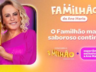 Ana Maria Braga sorrindo, vestindo blusa rosa e segurando uma barra de ouro. Ao lado, o texto Familhão da Ana Maria anuncia o sorteio de R$1.000.000,00 em barras de ouro e uma experiência exclusiva com a apresentadora.