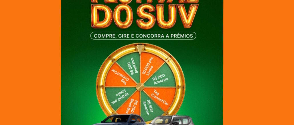 Festival de SUVs Localiza Seminovos - Roleta de Prêmios Banner promocional do Festival do SUV com uma roleta de prêmios centralizada e dois veículos utilitários esportivos sobre um fundo verde.