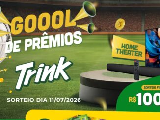 Banner promocional da marca Trink para a campanha Goool de Prêmios exibindo um home theater e o valor do sorteio de R$100.000,00 em um estádio de futebol.