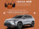 Banner promocional com fundo terracota exibindo três bolsas de couro nas cores preta, café e caramelo na parte superior e um veículo SUV prateado na parte inferior. O texto informa sobre a distribuição de bolsas por categoria de cliente e o sorteio de um carro Corolla Cross.