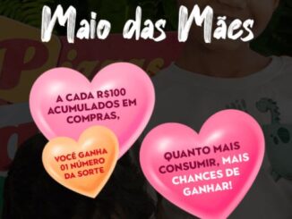 Banner promocional da campanha Maio das Mães com corações coloridos sobrepostos à imagem de uma criança, informando que a cada R$100 em compras o cliente recebe um número da sorte.