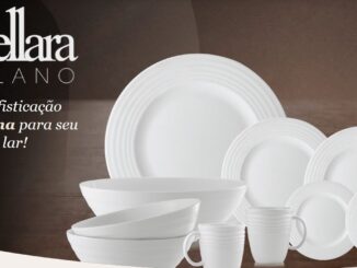 Logotipo da marca Livellara Milano e frase promocional ao lado de um conjunto de louças brancas composto por pratos de diversos tamanhos, tigelas empilhadas e canecas com detalhes em relevo circular.