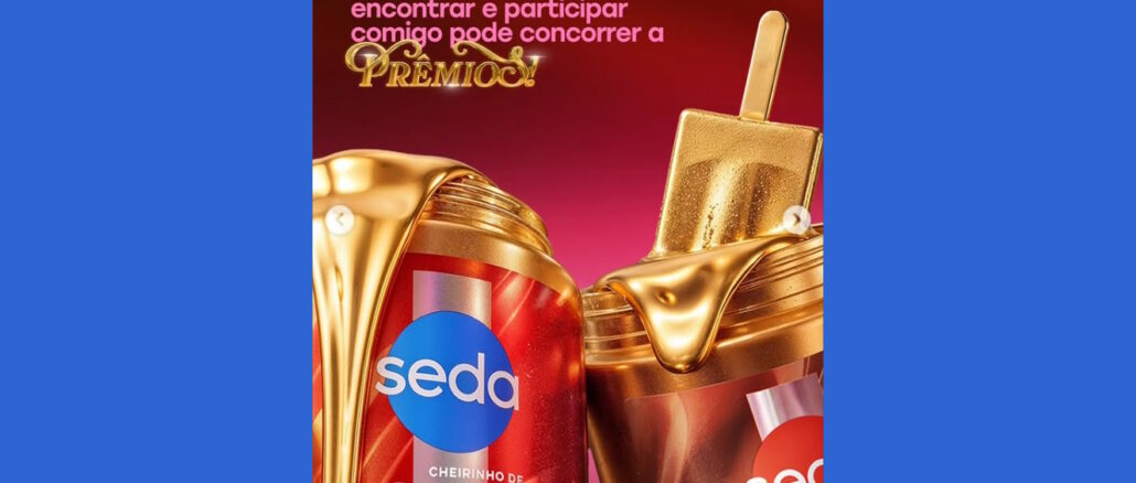 POTÃO PREMIADO SEDA E KIBON Imagem promocional da parceria entre Seda e Kibon com frascos de produtos capilares cobertos por ouro líquido e a representação de um picolé dourado sobre o rótulo de Frutilly.