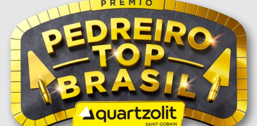 PRÊMIO PEDREIRO TOP BRASIL - ETAPA REGIONAL EDIÇÃO 2026 Logotipo do Prêmio Pedreiro Top Brasil da Quartzolit em letras douradas 3D com duas colheres de pedreiro nas laterais sobre um fundo escuro texturizado e borda dourada.