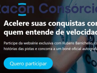 Anúncio da Racon Consórcios destacando uma websérie exclusiva com Rubens Barrichello e o sorteio de um boné oficial autografado.