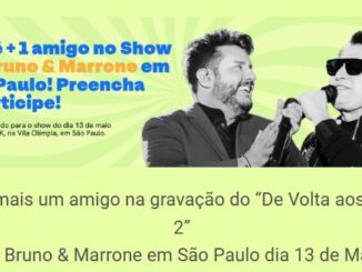 Banner promocional em tons de verde com fotos em preto e branco da dupla Bruno e Marrone, anunciando um concurso para ganhar ingressos para o show em São Paulo.