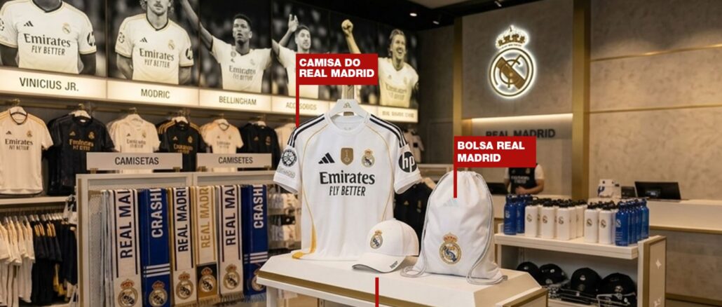 PROMOÇÃO CAMPEÕES DA KRESS – EDIÇÃO 2026 Produtos oficiais do Real Madrid, incluindo camisa branca, boné e mochila, expostos em uma loja moderna com fotos de jogadores ao fundo.