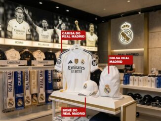 Produtos oficiais do Real Madrid, incluindo camisa branca, boné e mochila, expostos em uma loja moderna com fotos de jogadores ao fundo.