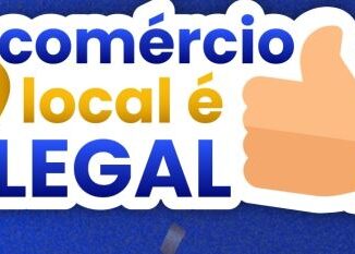 Imagem promocional com fundo azul e uma arte branca central com o texto comércio local é LEGAL. A peça inclui um marcador de localização amarelo e uma ilustração de mão fazendo o sinal de positivo.