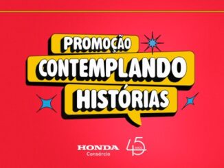 Banner promocional da Honda Consórcio com o título Promoção Contemplando Histórias em letras brancas sobre formas amarelas e fundo vermelho.