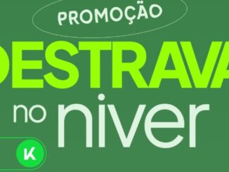 Arte promocional com fundo verde escuro e os textos Promoção Destrava no niver em tons de verde neon e branco, apresentando um logotipo com a letra K.