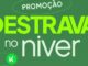 Arte promocional com fundo verde escuro e os textos Promoção Destrava no niver em tons de verde neon e branco, apresentando um logotipo com a letra K.