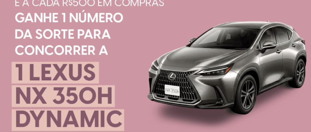 PROMOÇÃO DIA DAS MÃES PARKSHOPPINGBARIGÜI 2026 Banner publicitário com fundo rosa contendo um SUV Lexus NX 350h Dynamic prateado e texto informando que a cada R$500 em compras o cliente ganha um número da sorte para concorrer ao carro.