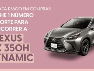 Banner publicitário com fundo rosa contendo um SUV Lexus NX 350h Dynamic prateado e texto informando que a cada R$500 em compras o cliente ganha um número da sorte para concorrer ao carro.